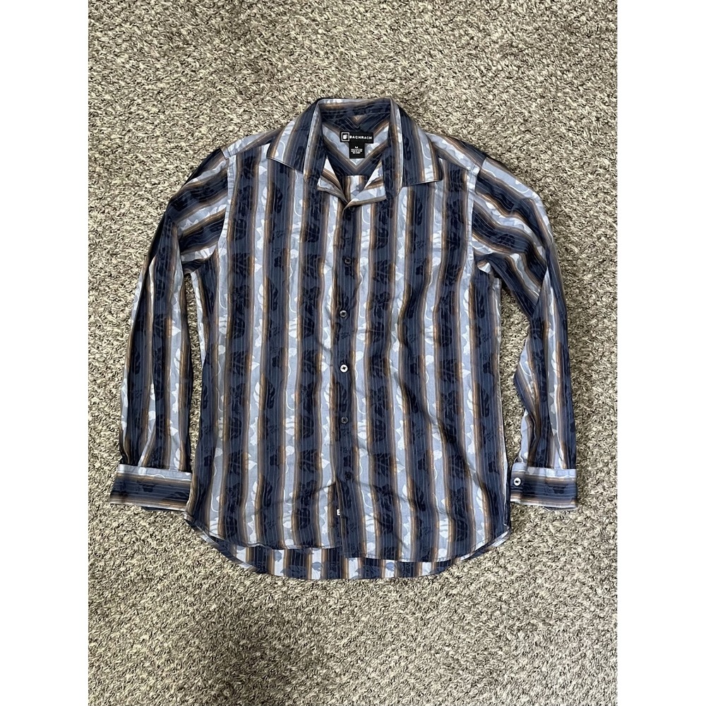 Bachrach Mens Medium Blue Striped Floral Long Sleeve Button Down Shirt Cotton